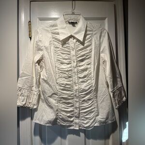 Women’s GO SILK White Cotton Top w/Rouching on Bodice & Sleeves sz M